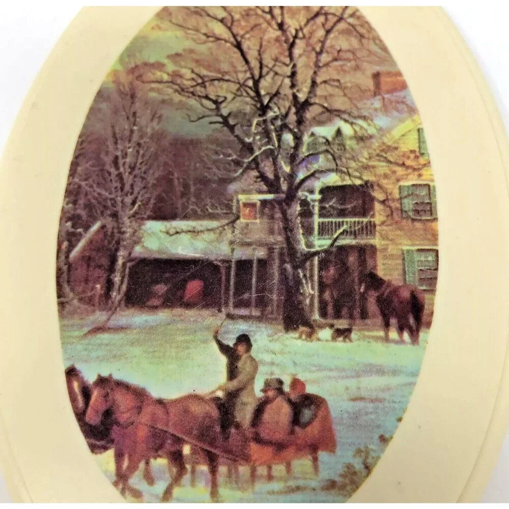 Hand Held Vanity Mirror Vintage Farmhouse Winter Dashing Snow Scene 11.5” Tall